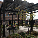 An outdoor patio with art and greenery.